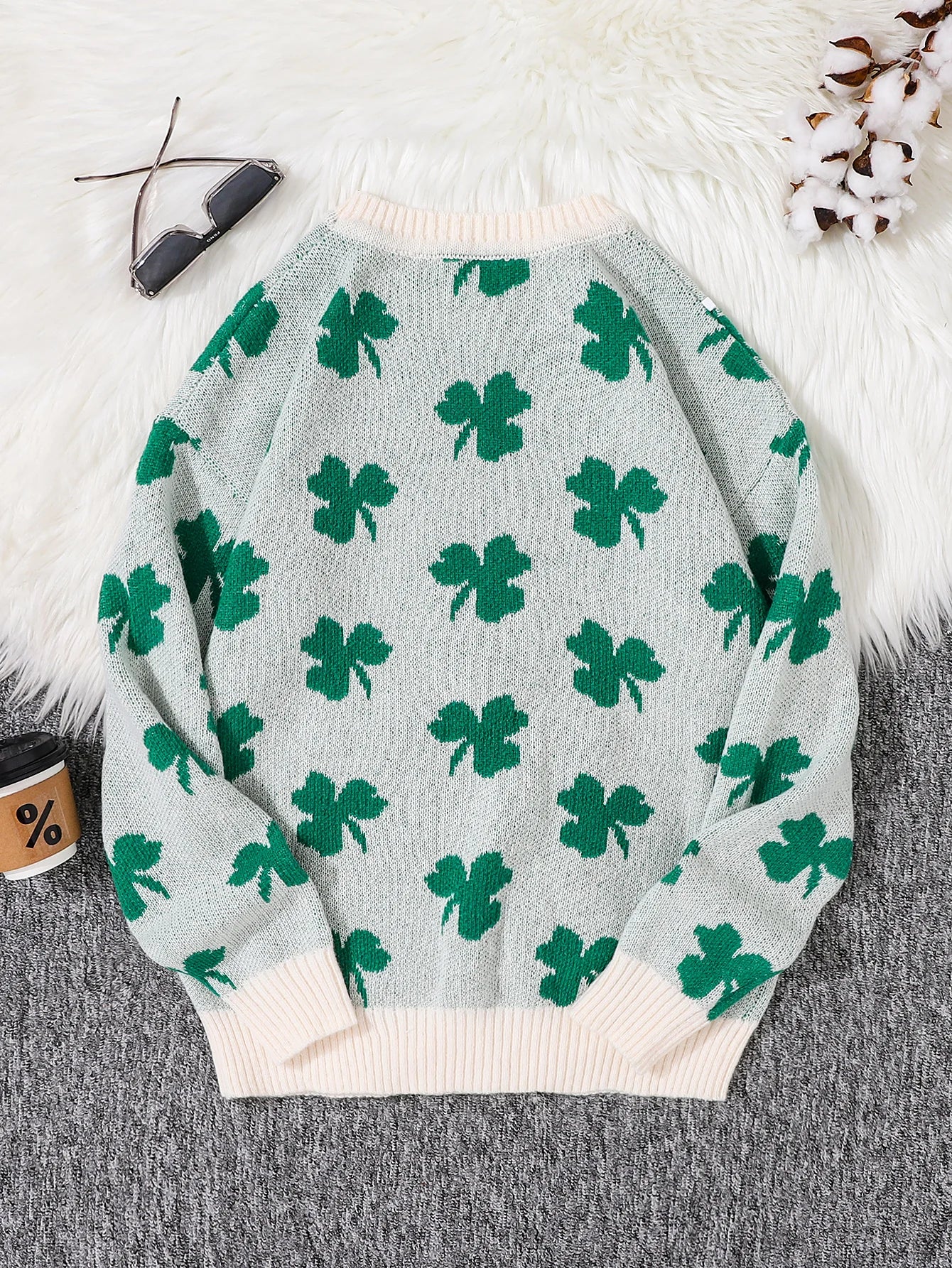 HEARUJOY  -  Four-Leaf Clover Jacquard Pattern Pullover Sweater Casual Round Neck Contrast Color Knitted Men's Pullover