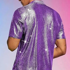HEARUJOY  -  Male Tops Men Shirt Fashionable Regular Turn-down Collar Disco Stage Shirt Shiny Party Performance Short Sleeve