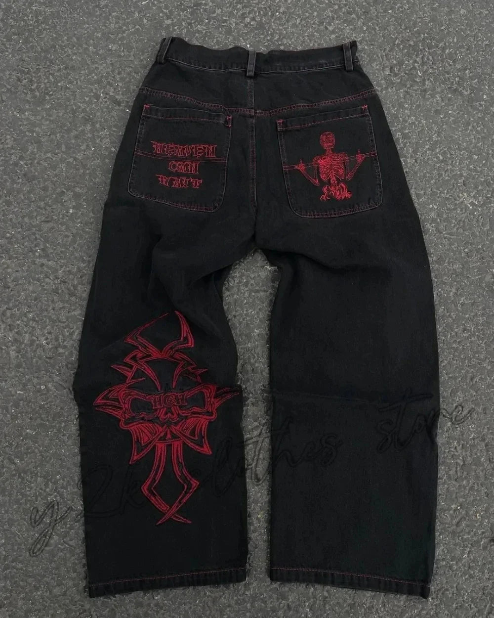 Hearujoy Goth Hip Hop Oversized Skull Embroidery Pattern Y2k Baggy Jeans New Men and Women Straight Black Jeans Retro Casual Denim Pants