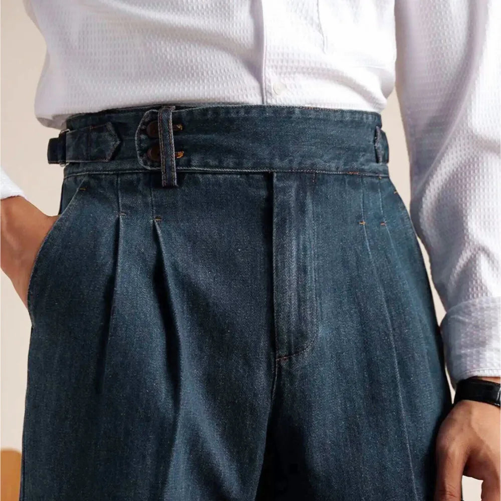 HEARUJOY  -  Naples Loose Washed High Grade Business Pant Men Dress Trouser High Quality Cotton Blend Double Pleated Jeans Straight Leg Pant