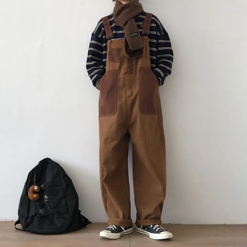 Hearujoy Mens Japanese Workwear Style Casual Jumpsuit 2024 New Genderless Fashion Trend Loose Color Blocking Versatile Overalls Unisex