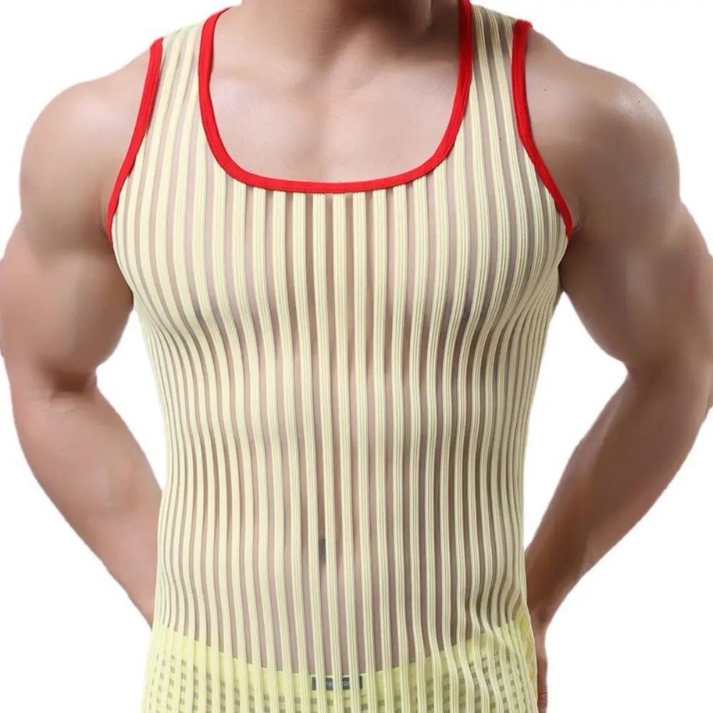 Hearujoy Summer Mens Undershirts Sleeveless Striped Shirts Solid Color Vest Male Mesh Sexy Transparent Tees Bottoming Shirt Men Sexy Wear