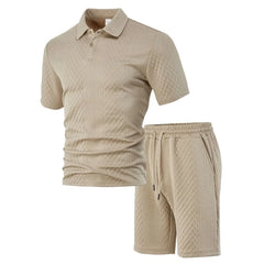HEARUJOY  -  Men's Summer New Jacquard Casual Sport Thin Lapel POLO Shirt Short-sleeved and Short-shorts Set