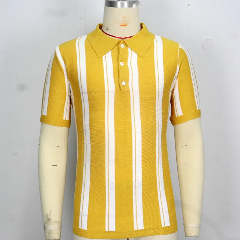 HEARUJOY  -  New Mens contrast color Stripe Polo Knit Shirts High Quality Luxury Knitwear Summer Fashion Short Sleeve Lapel Polo Tshirt