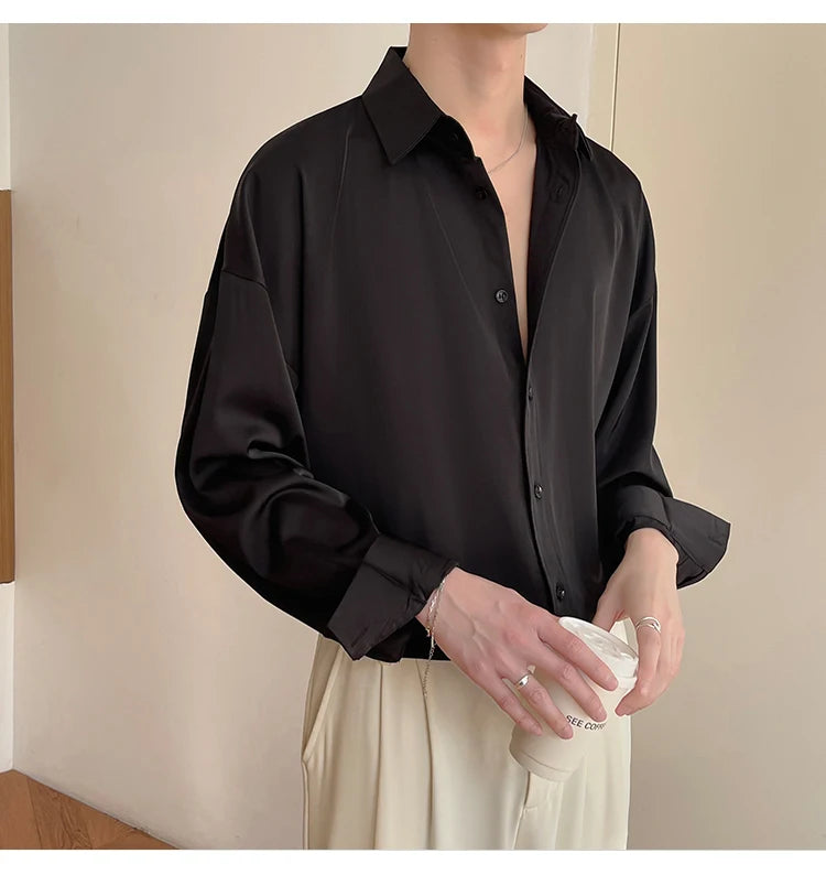 HEARUJOY  -  Long Sleeved Shirt Men Oversized Fashion Social Mens Dress Shirt Korean Loose Ice Silk White Shirt Mens Office Formal Shirts