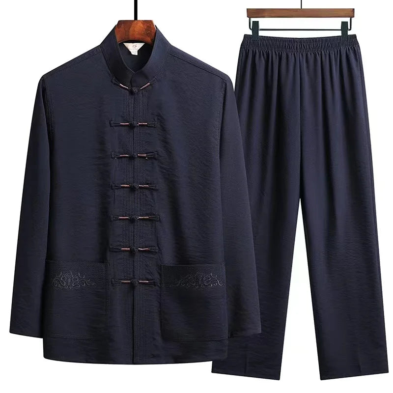 HEARUJOY  -  2 Pcs/Set Men Cotton linen Tang Suit Set Chinese Traditional Clothes Hanfu Elastic Waist Wide Leg Soft Men Shirt Trousers Sets