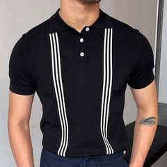 Hearujoy Men's Luxury Casual Striped Knitted Short Sleeve Polo Shirt Button-down Breathable Summer Clothing Fashion Solid Color Knitwear