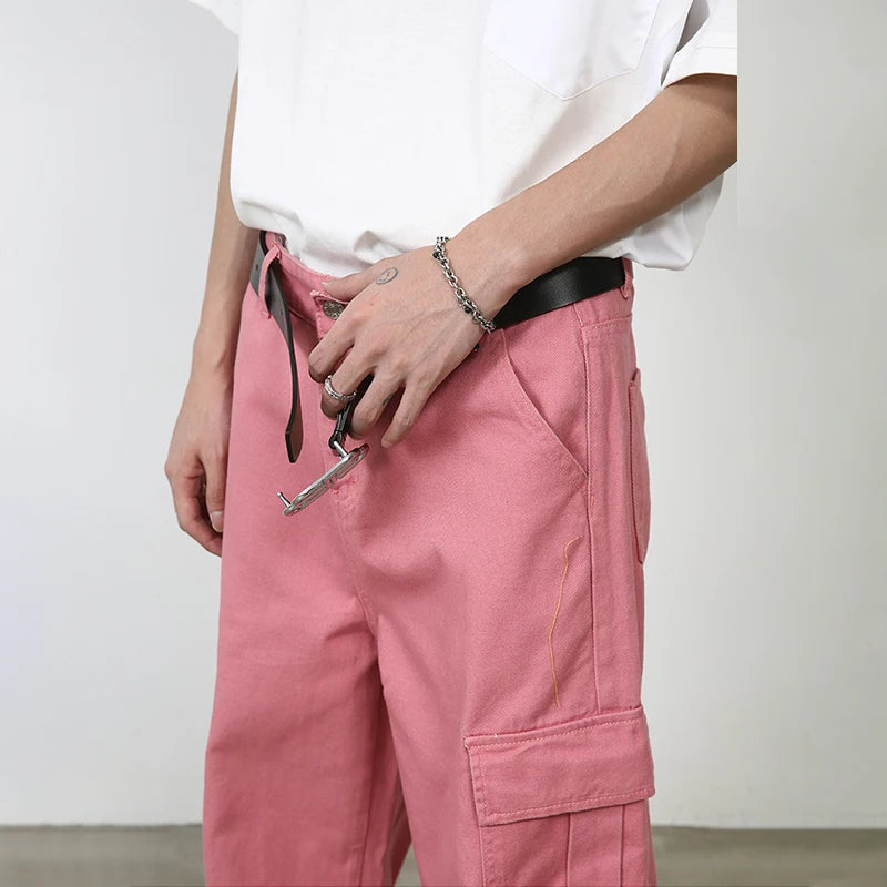 Hearujoy Pink Cargo Jeans Pants Men Oversize Wide Leg Denim Trousers Male Loose Casual Japanese Streetwear Hip Hop Pocket