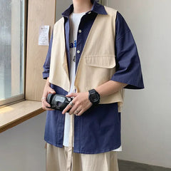 HEARUJOY  -  Man Shirt Half Sleeve with Pocket Shirts for Men Blue Casual Korean Style Vintage Silk Fashion 2025 Cotton Slim Fit Elegant Sale