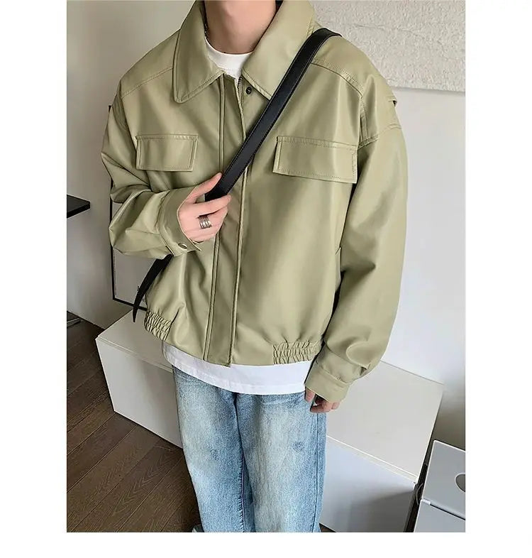 HEARUJOY  -  Men's Casual Texture PU Leather Jacket High Street Zippers Turn-down Collar Long Sleeve Retro Coat with Pocket Spring Autumn