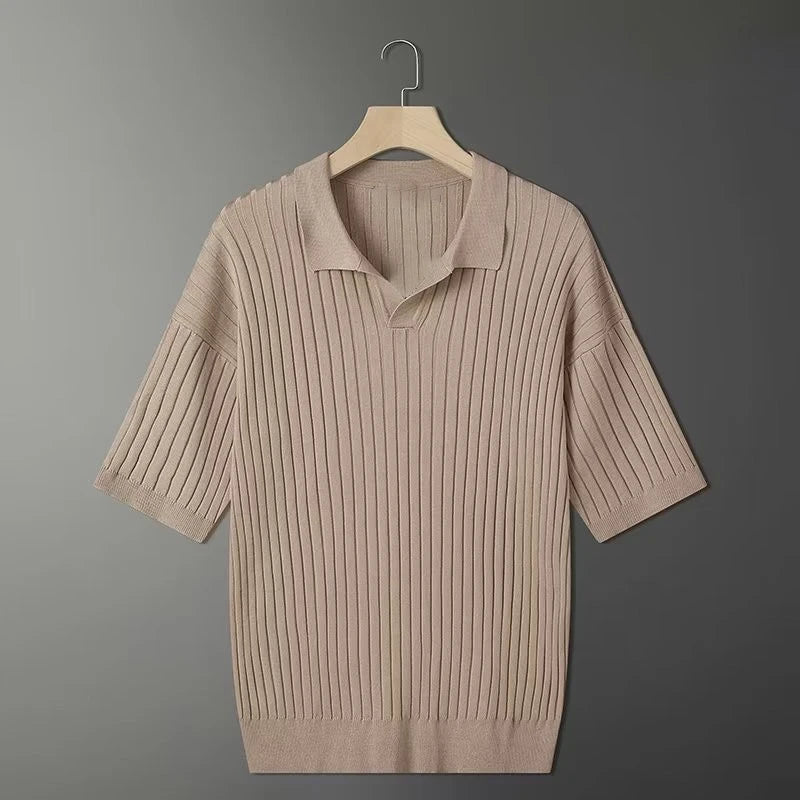 HEARUJOY  -  Men's Clothing Light Luxury Knitted Polo Shirt Casual Stripe V-Neck Solid Color Short Sleeve T-Shirt Breathable Fashion Knitwear