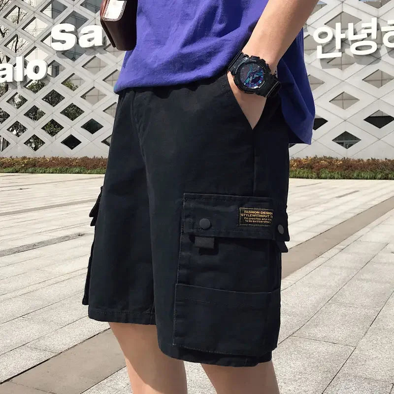HEARUJOY  -  Oversize Wide Multi Pocket Loose Baggy Short Pants for Men Solid Big Size Elastic Waist Mens Cargo Shorts Hevy Whate Cotton Tall