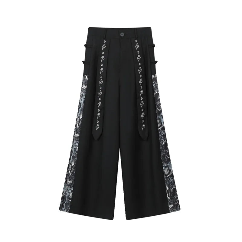 Hearujoy Chinese Style Embroidered Ribbon Skirt Pant Personality Men Patchwork Wide Leg Casual Trousers Fashion Versatile 9C3118