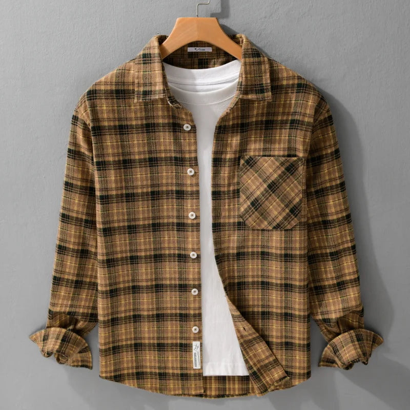HEARUJOY  -  Streetwear Plaid Plus-Size Long Sleeve Shirt for Men Fashion Versatile Literary Casual Loose Brushed Fleece Check Top Jacket