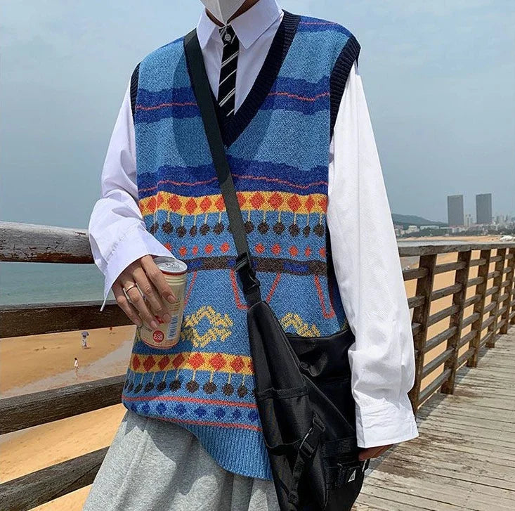 HEARUJOY  -  Sweater Man Casual Waistcoat V Neck Printed Knit Vests for Men Designer Cheap Korean Fashion Smooth Reviews Clothes Top Harajuku