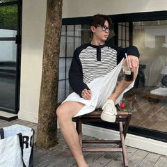 HEARUJOY  -  Autumn Winter Men's Plus Size 300 Jin 150kg Loose Fit Long Sleeve T Shirt Color Blocking Raglan Striped Layering Top