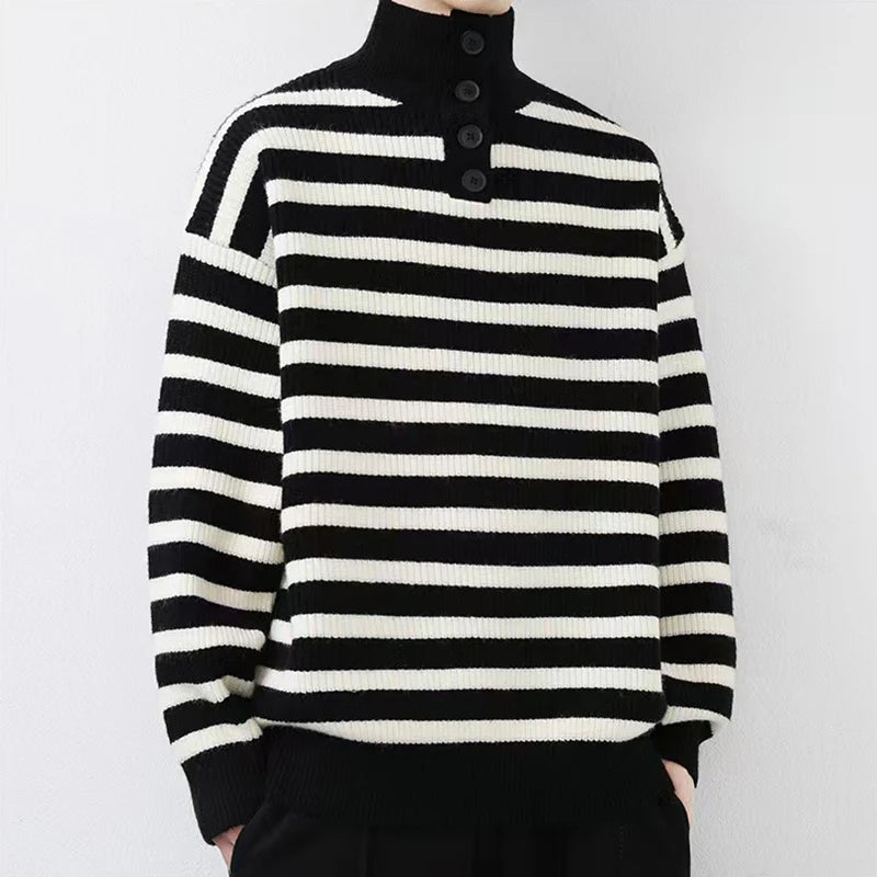 HEARUJOY  -  Fall Winter Daily Casual Men's Sweater Stylish Striped Crochet Knitted Pullover Men Fashion Turtleneck Buttoned Sweaters