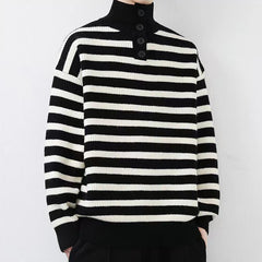 HEARUJOY  -  Fall Winter Daily Casual Men's Sweater Stylish Striped Crochet Knitted Pullover Men Fashion Turtleneck Buttoned Sweaters
