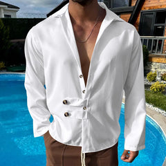HEARUJOY  -  Men's Spring and Autumn Long Sleeve T-shirt Casual Loose Cardigan Lapel Button Down Shirt