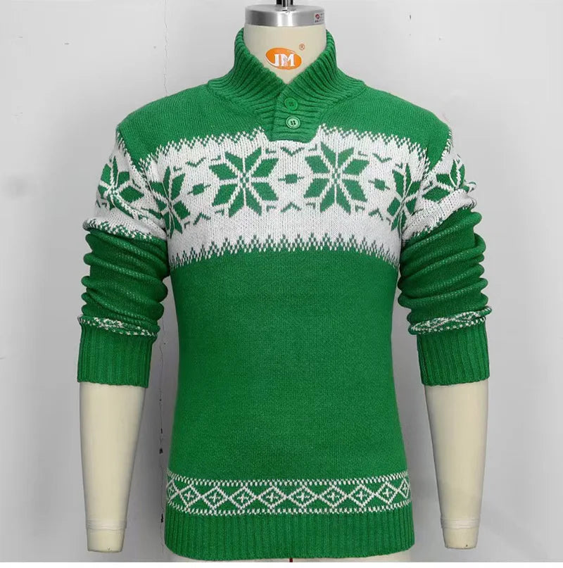 HEARUJOY  -  Autumn Winter New Men Jacquard Sweater Polo Shirts Coat Christmas Snowflake Printed Tees Tops Knitted Stand Collar Clothing