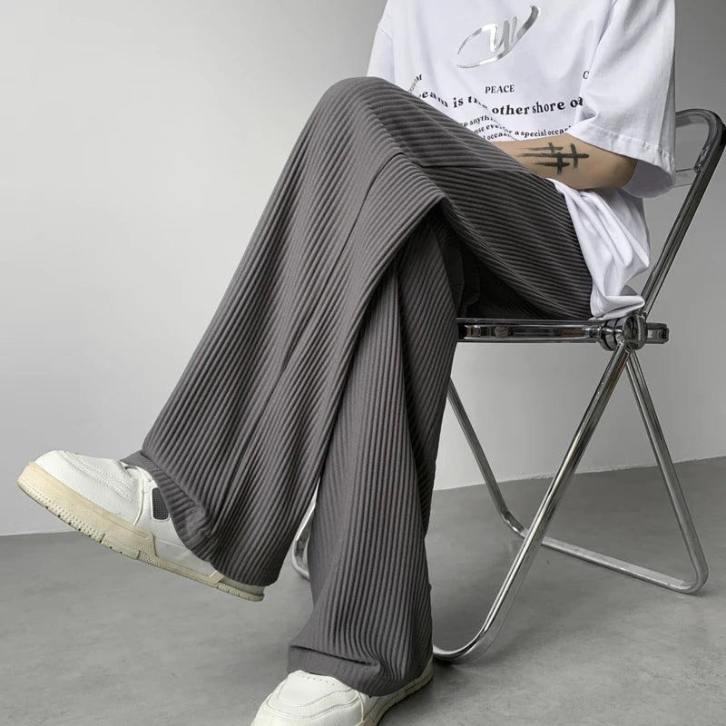 Hearujoy Summer Casual Pants Men Fashion Oversized Wide Leg Pants Men Trousers Streetwear Korean Loose Pleated Pants Mens Ice Silk Pants