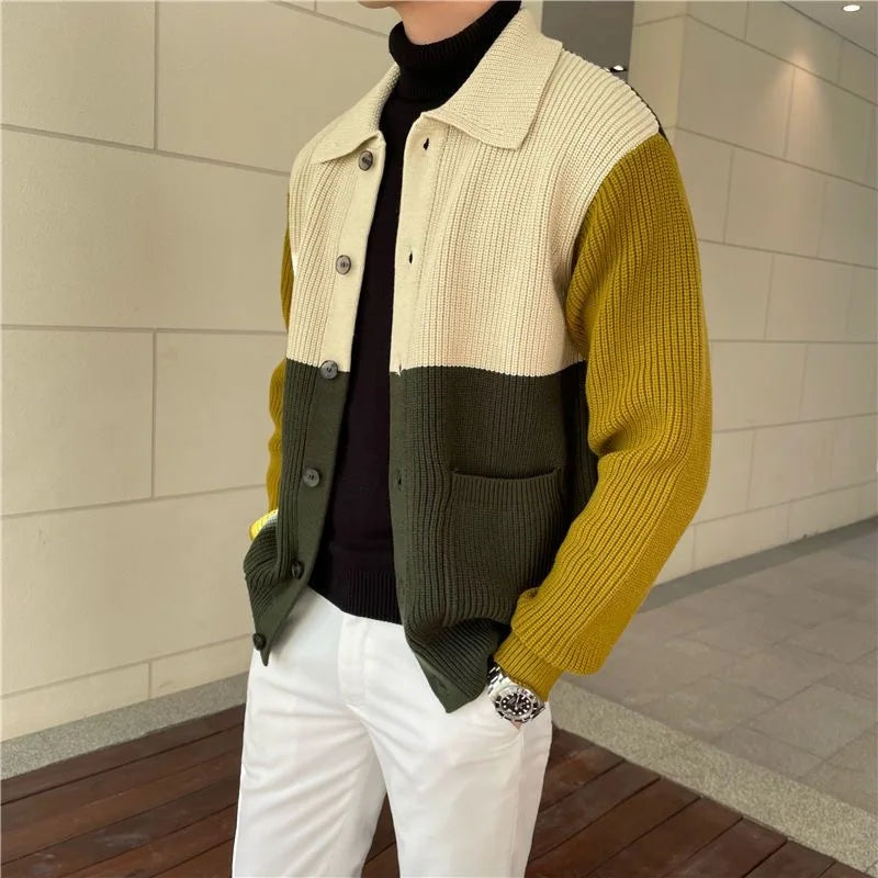 HEARUJOY  -  Patchwork Knitted Cardigan Sweater Autumn Winter Men's Matching Color Casual Loose Knitwear Fashion Sweaters Warm Coat Versatile