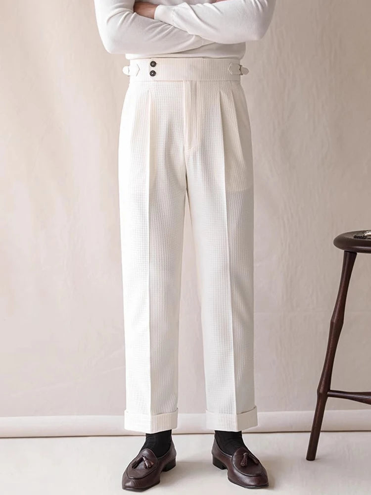 HEARUJOY  -  Naples Style High Waist Pants Mens Stylish Waffle Textured Slim Straight Trousers Men Autumn Casual Button Lace-up Suit Trousers