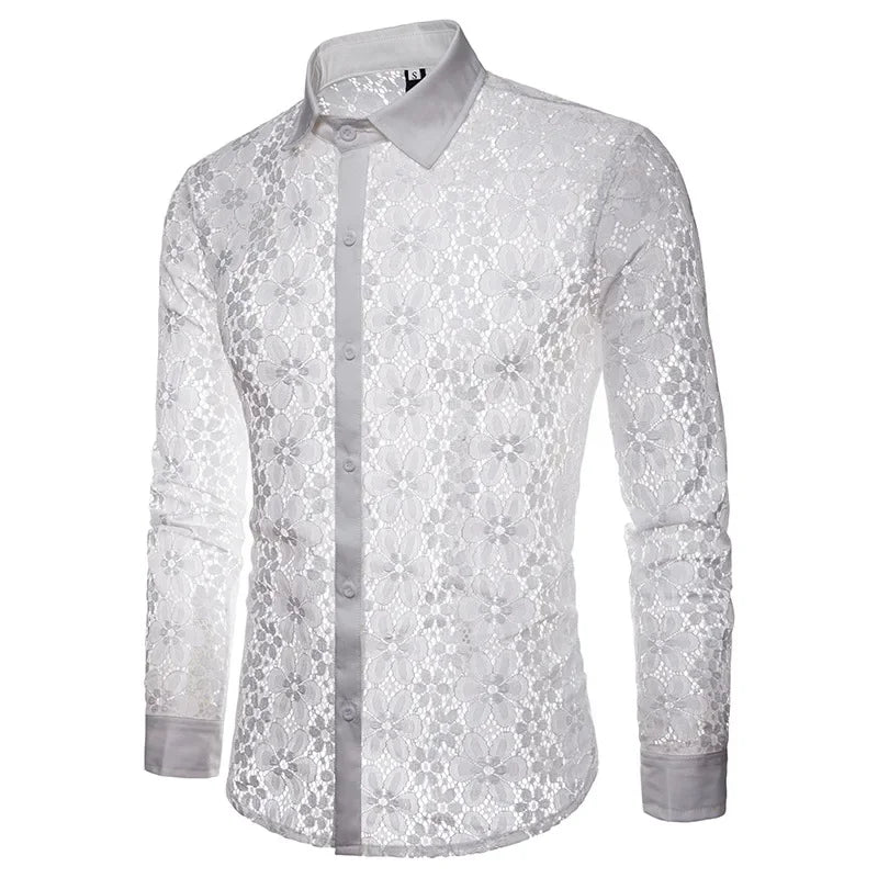 HEARUJOY  -  Shirts Sexy Lace Hollow Out Cardigan Turn Down Collar Men Single Breasted Shirt Long Sleeve High Street Button New Summer