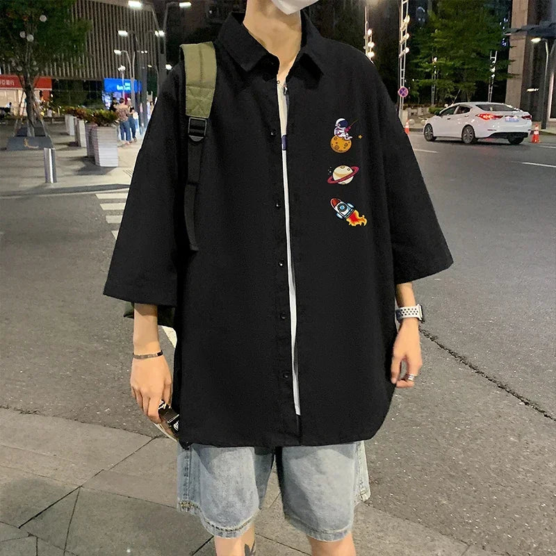 HEARUJOY  -  Men's Oversized Shirts White Mens Fashion Blouse Funny 5xl Oversize Half Sleeves Dress Shirt for Men Print New Clothing Casual
