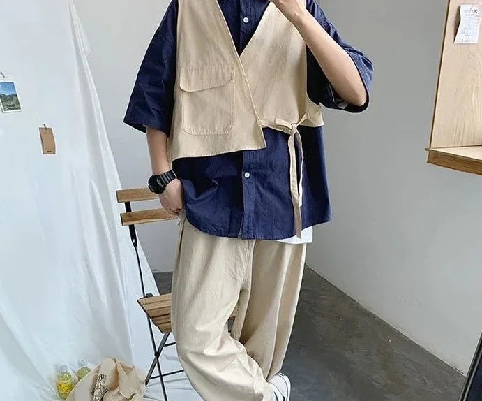 HEARUJOY  -  Man Shirt Half Sleeve with Pocket Shirts for Men Blue Casual Korean Style Vintage Silk Fashion 2025 Cotton Slim Fit Elegant Sale