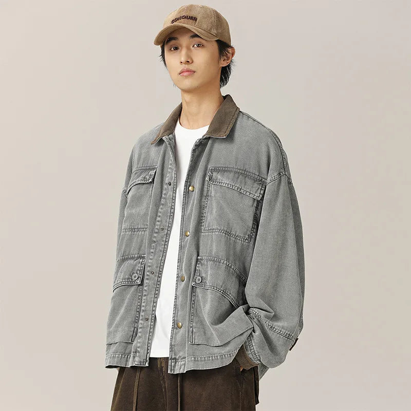 HEARUJOY  -  American Retro Heavyweight Washed Denim Jacket Multi-Pocket Workwear Coat with Contrast Collar Oversized Utility Streetwear