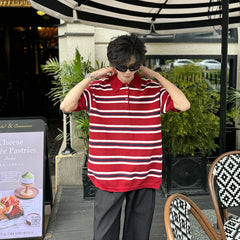 HEARUJOY  -  Trendy Men's Contrast Color Striped Buttons Design Loose T-shirt Fashion Casual Lapel Short Sleeves Tops Male Summer