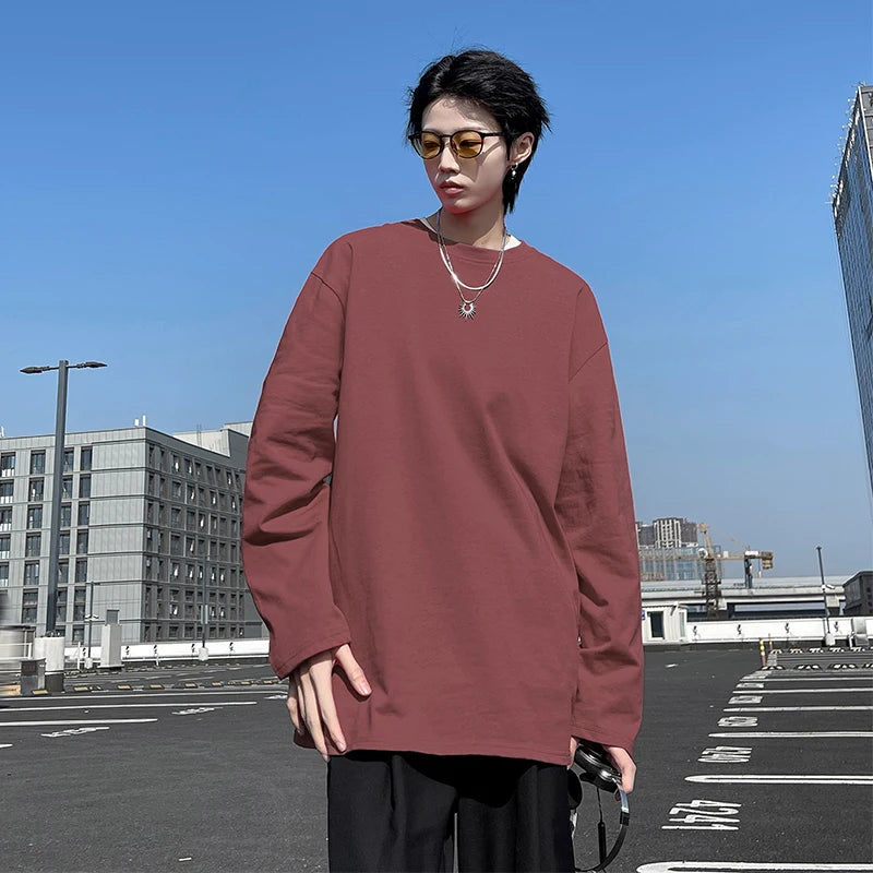 HEARUJOY  -  Autumn Men's Long Sleeve Cotton T Shirt Fashion Solid Loose T Shirts Mens Oversized Hip Hop Casual Mens Streetwear Top Tees