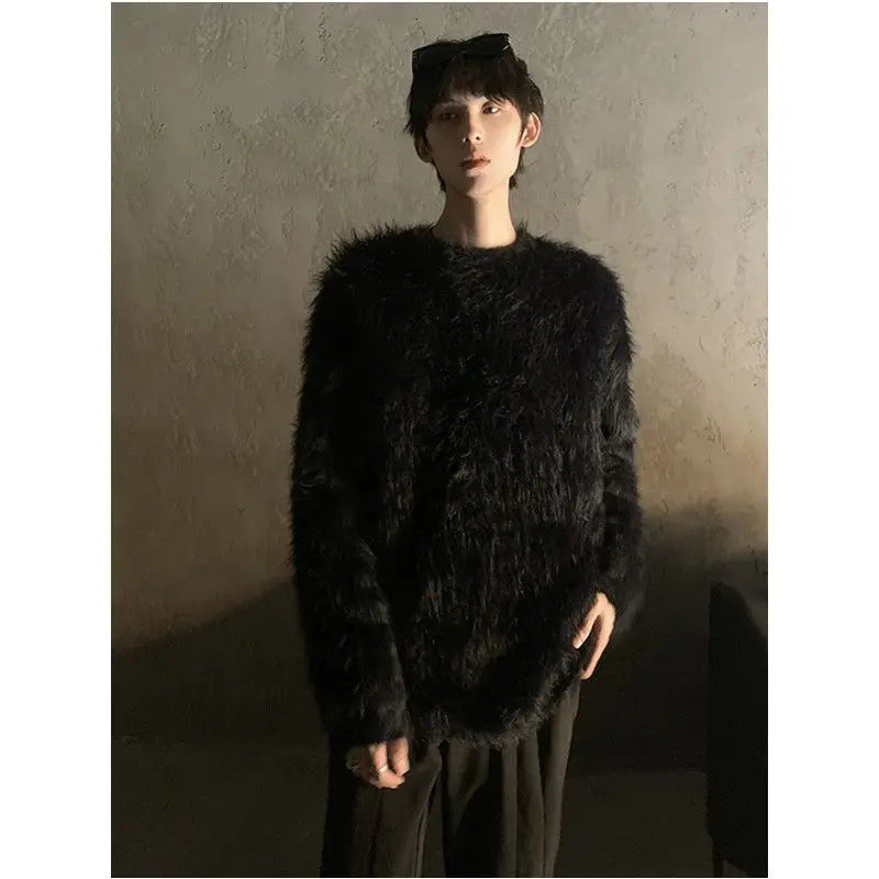 Hearujoy Korean Long Plush Knit Sweater Tops Autumn and Winter Streetwear Imitation Mink Hair Loose Pullover Women Round Neck Jumper Men