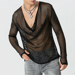 Hearujoy Mens Sexy See-Through Mesh Long-Sleeved Top 2024 New Genderless Nightclub Individuality Youthful Thin Low-Cut T-Shirt Unisex