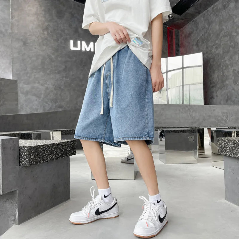 Hearujoy Men's Denim Shorts Summer New Korean Street Loose Straight Leg Wide Leg Shorts Retro Baggy Casual Shorts Black White Blue