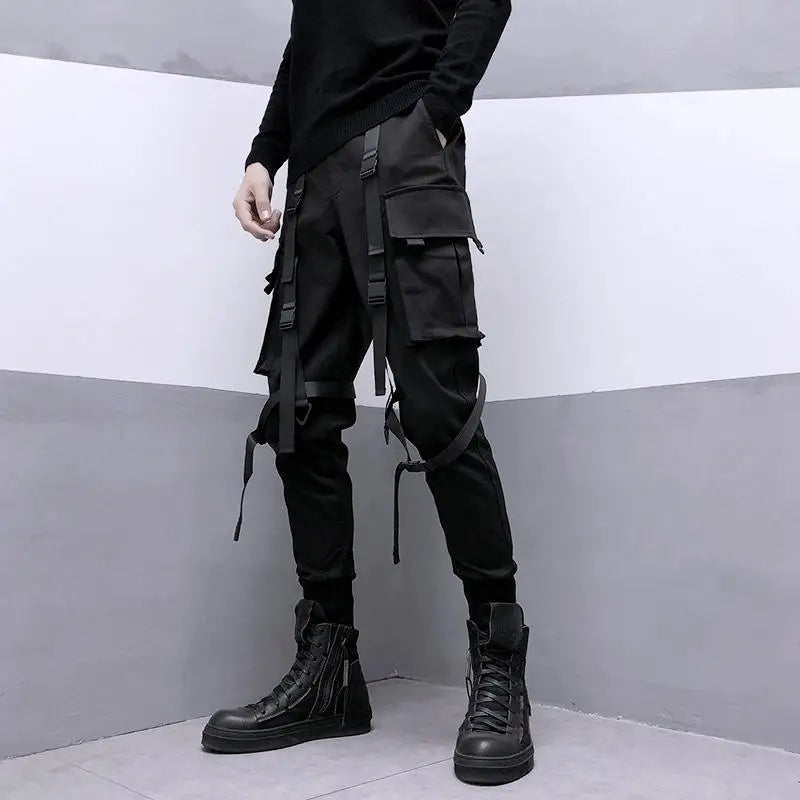 Hearujoy Techwear Black Cargo Pants for Men Cargo Trousers Male Japanese Streetwear Hip Hop Spring Ribbon Pocket Harajuku Fashion