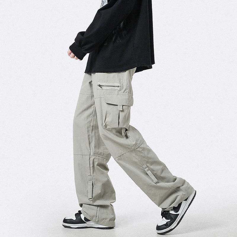 Hearujoy Cargo Pants Men Zipper Oversize Wide Leg Trousers Male Streetwear Hip Hop Casual Korean Japanese Pocket Safari Style