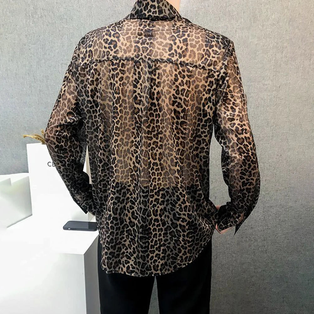 Hearujoy Mens Sexy Leopard Print Mesh See-Through Ice Silk Shirt Autumn Genderless Fashion Youth Nightclub Breathable Hollow Top Unisex