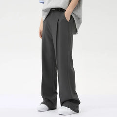 Hearujoy Fashion Men's Suit Pants Loose Belt Design Wide Leg Straight Casual Trousers Solid Color New Chic Summer 9C6278