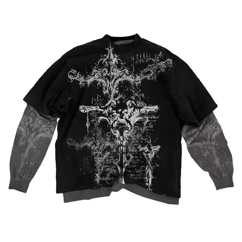 Hearujoy Y2K New Gothic Long-Sleeved American Vintage Letter Printed Fake Two Piece T-shirt Men Hip-Hop Harajuku Punk Casual Cotton Tops