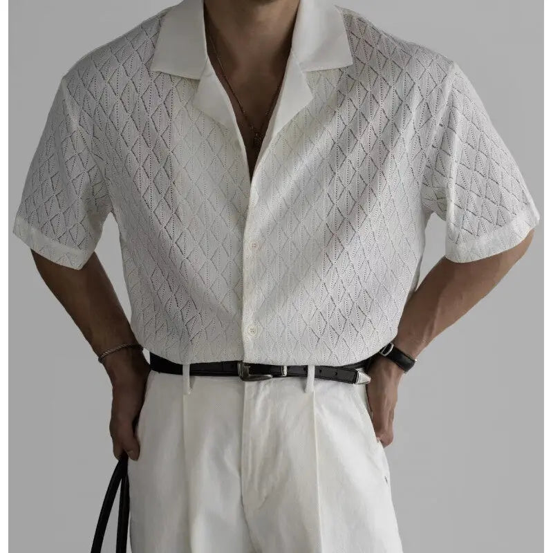 HEARUJOY  -  Summer Black Short Sleeved Shirt Men Oversized Beige Casual Shirt Streetwear Men Korean Loose Hollow Shirt Mens Hawaiian Shirts