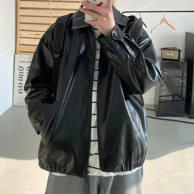 Hearujoy Pu Leather Jacket Men's Personalized Fashion Street Biker Wind Jacket Spring and Autumn Loose Lapel Top Clothes Men Clothing