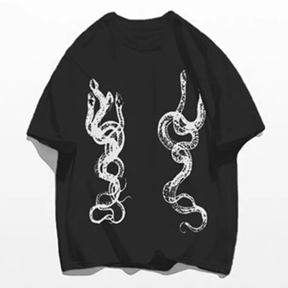 Hearujoy Men's Casual T-Shirt Fashionable Trendy Hip-Hop High Street Y2k Retro Snake Pattern Loose Cotton Top Spring And Summer