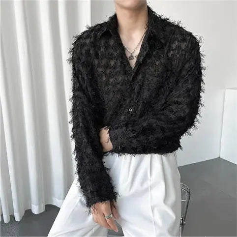 Hearujoy Korean Elegant Shirt for Men High-end Niche Long Sleeved Blouse Trendy Loose High Street Tassel Casual Shirt Vintage Streetwear