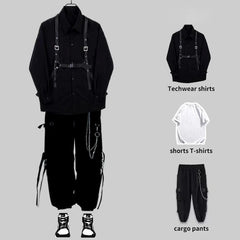 Hearujoy Techwear Pant Sets Men Punk 3 Piece Outfits Black Cargo Pants Long Sleeve Shirts Korean Streetwear Hip Hop Spring