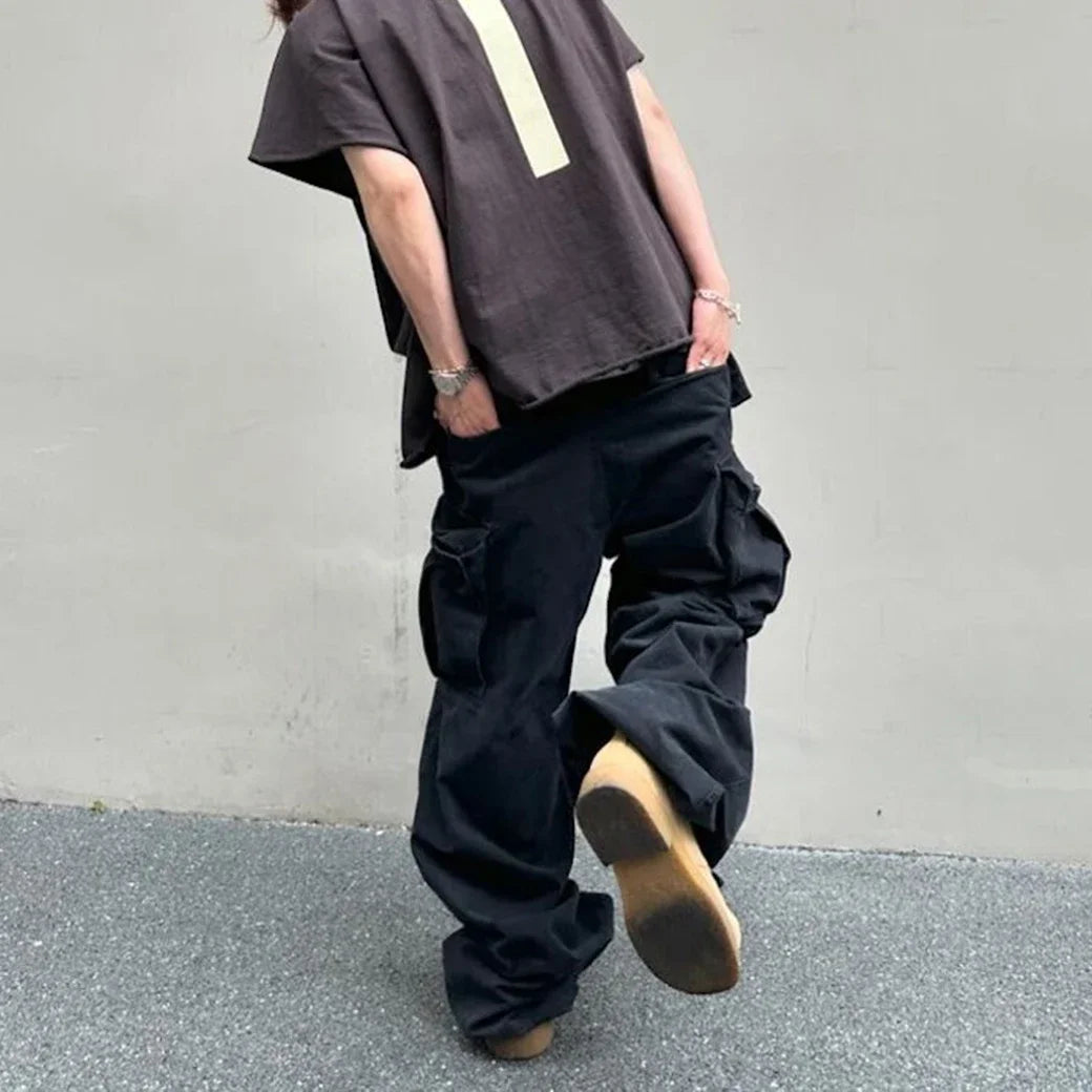 Hearujoy New Streetwear Knee Pleated Silhouette Baggy Cargo Pants for Men Solid Straight Casual Trousers Oversized Multipockets Pants