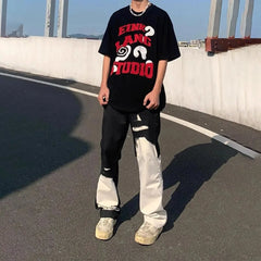 HEARUJOY  -  Mens Jeans Y2k Black White Irregular Stitching Ripped Jeans Streetwear Hip-Hop Casual Slim Straight Pants Men'S Clothing