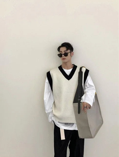 HEARUJOY  -  White Striped Knitted Sweaters For Men Vest V Neck Man Clothes Sleeveless Waistcoat Thick Winter Old Cotton Wholesale Sale S