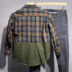 Hearujoy Spring And Summer Casual Shirt For Men Retro Japanese Style Simple Comfortable Spliced Long-Sleeve Loose Plaid Cargo Shirt